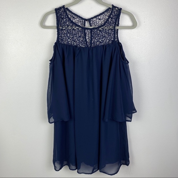Bailey Blue Cold Shoulder Crochet Trim Sheer Mini Dress Women's Medium Navy NEW - Picture 6 of 8